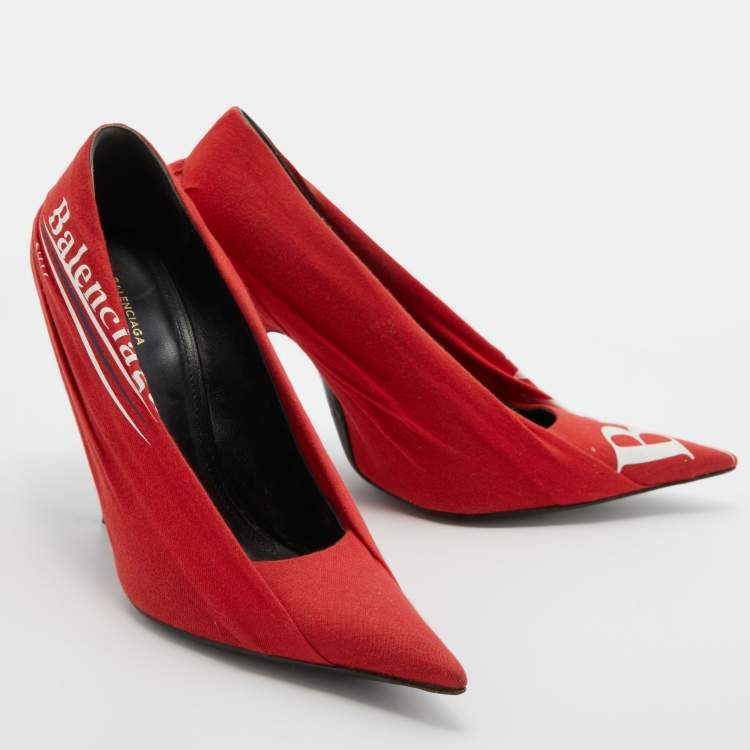 Pre Owned Balenciaga Orange Fabric Knife Logo Pointed Toe Pumps Size 37