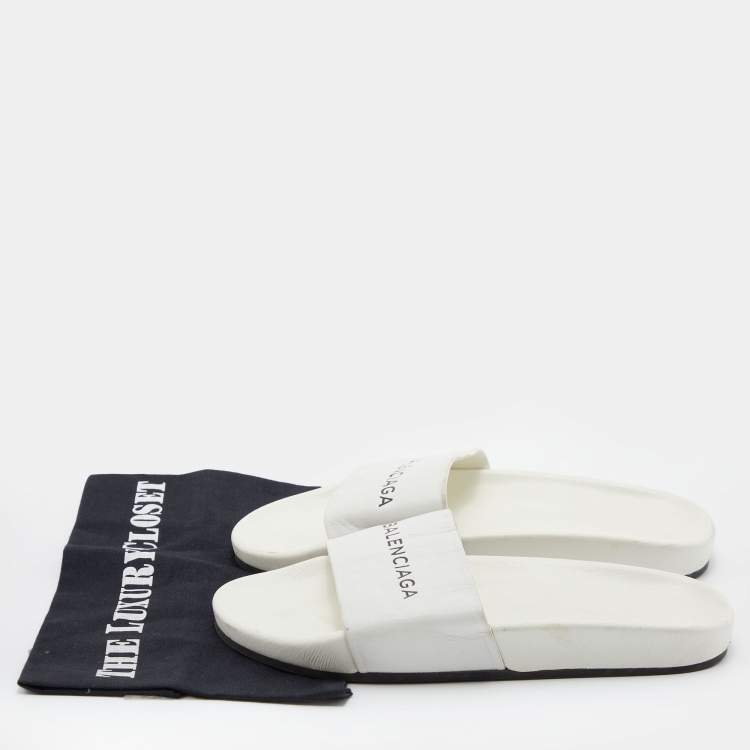 Pre Owned Balenciaga White Leather Logo Flat Slide Sandals Size 39