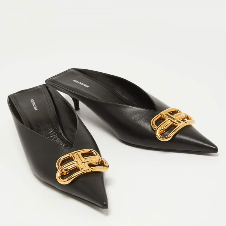 Pre Owned Balenciaga Black Leather Knife Mules Size 38  