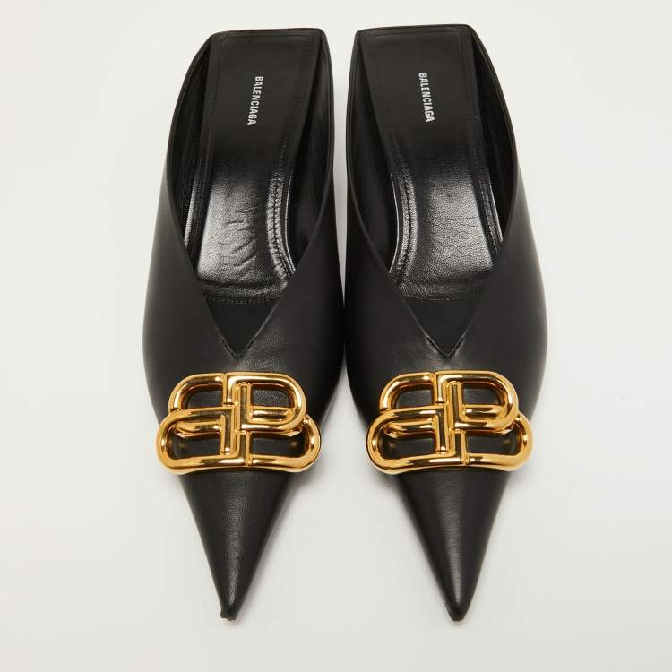 Pre Owned Balenciaga Black Leather Knife Mules Size 38  