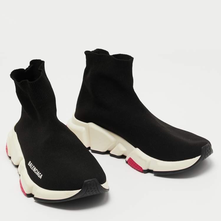 Pre Owned Balenciaga Black Knit Fabric Speed Trainer High Top Sneakers Size 38