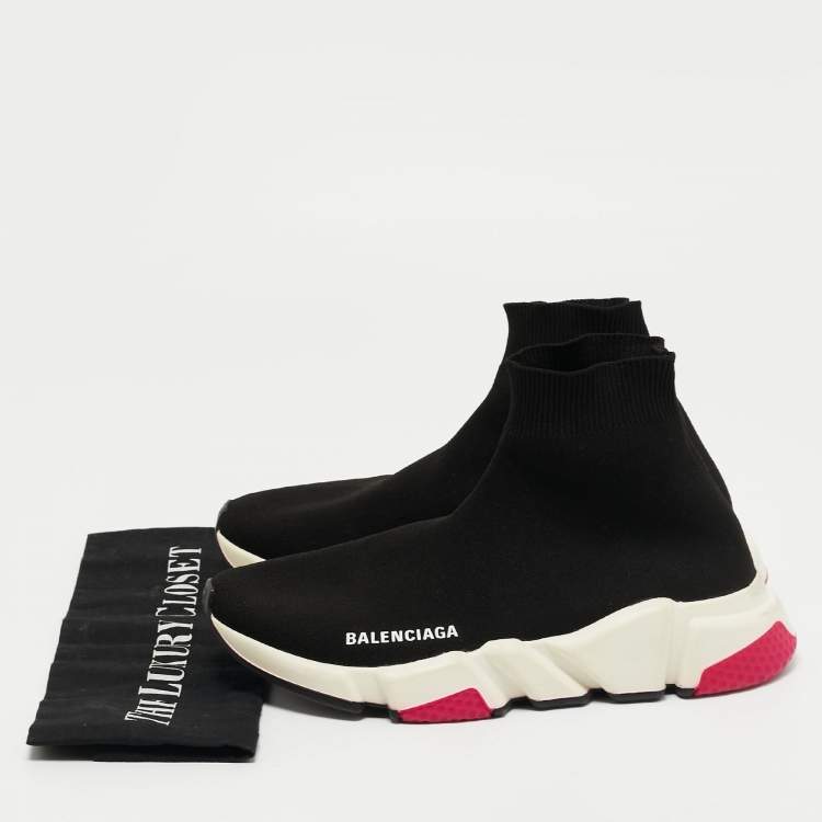 Pre Owned Balenciaga Black Knit Fabric Speed Trainer High Top Sneakers Size 38