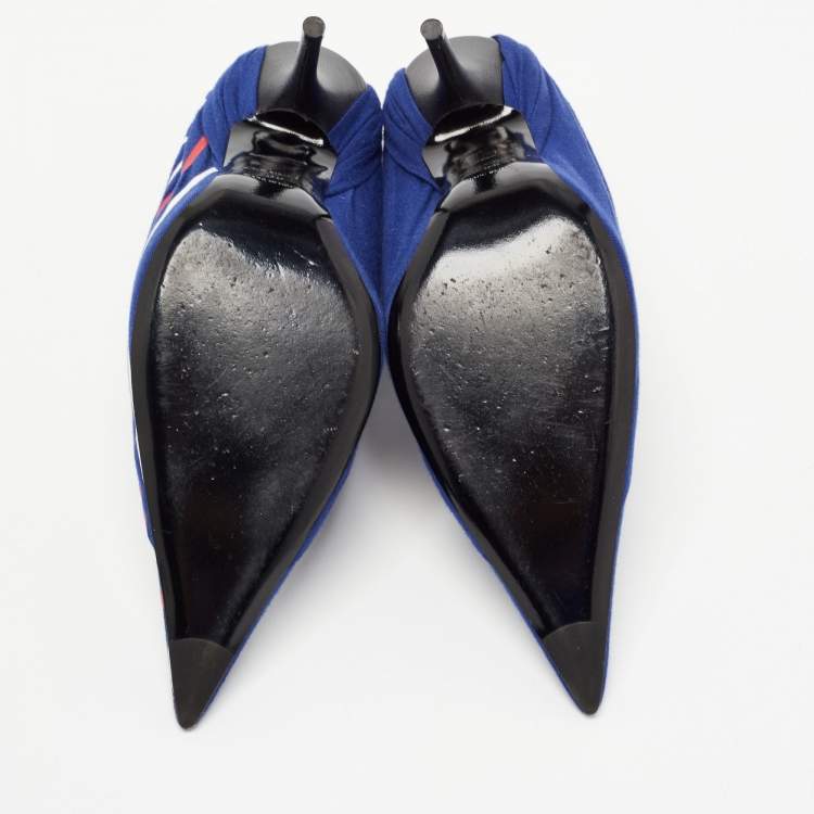 مملوكة مسبقًا Balenciaga Blue/Black Logo Print Fabric and Leather Knife Pumps Size 39
