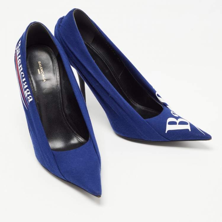مملوكة مسبقًا Balenciaga Blue/Black Logo Print Fabric and Leather Knife Pumps Size 39
