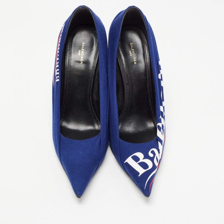 مملوكة مسبقًا Balenciaga Blue/Black Logo Print Fabric and Leather Knife Pumps Size 39