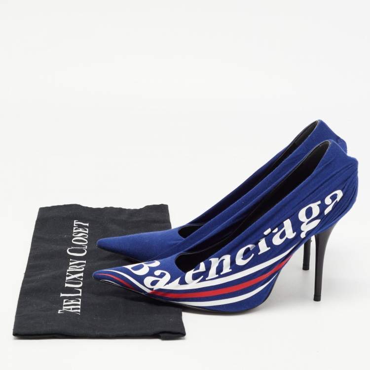 مملوكة مسبقًا Balenciaga Blue/Black Logo Print Fabric and Leather Knife Pumps Size 39