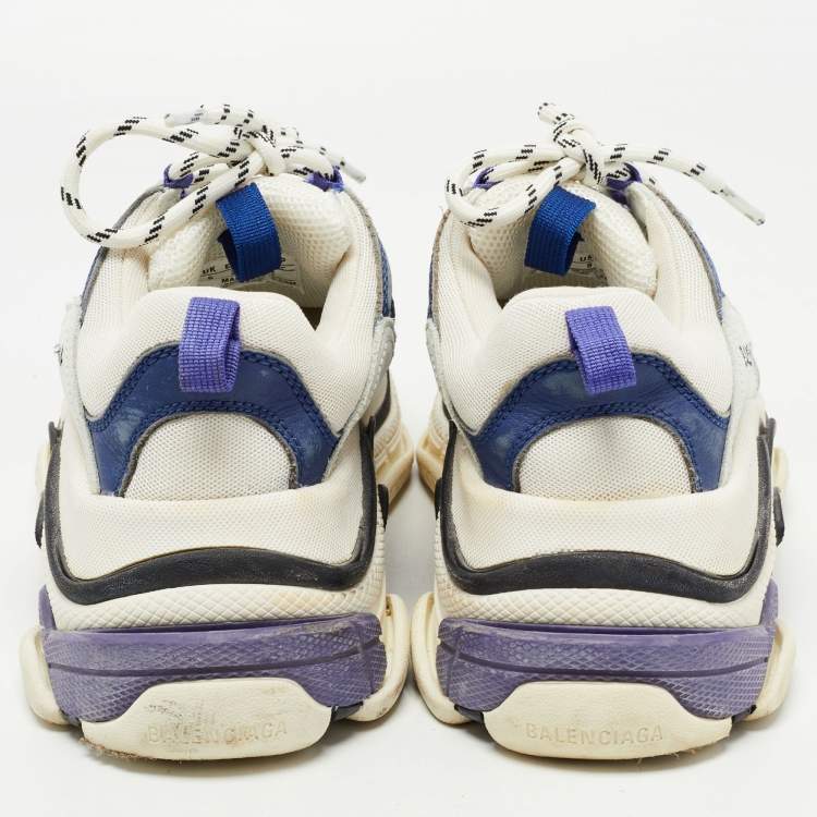 Pre Owned Balenciaga White/Purple Leather and Mesh Triple S Sneakers Size 39