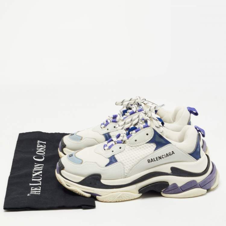 Pre Owned Balenciaga White/Purple Leather and Mesh Triple S Sneakers Size 39