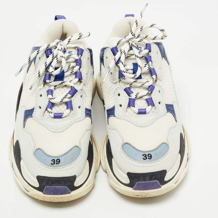 Pre Owned Balenciaga White/Purple Leather and Mesh Triple S Sneakers Size 39