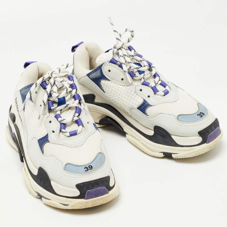 Pre Owned Balenciaga White/Purple Leather and Mesh Triple S Sneakers Size 39