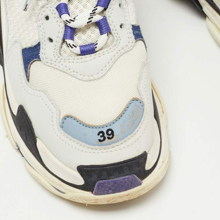 Pre Owned Balenciaga White/Purple Leather and Mesh Triple S Sneakers Size 39