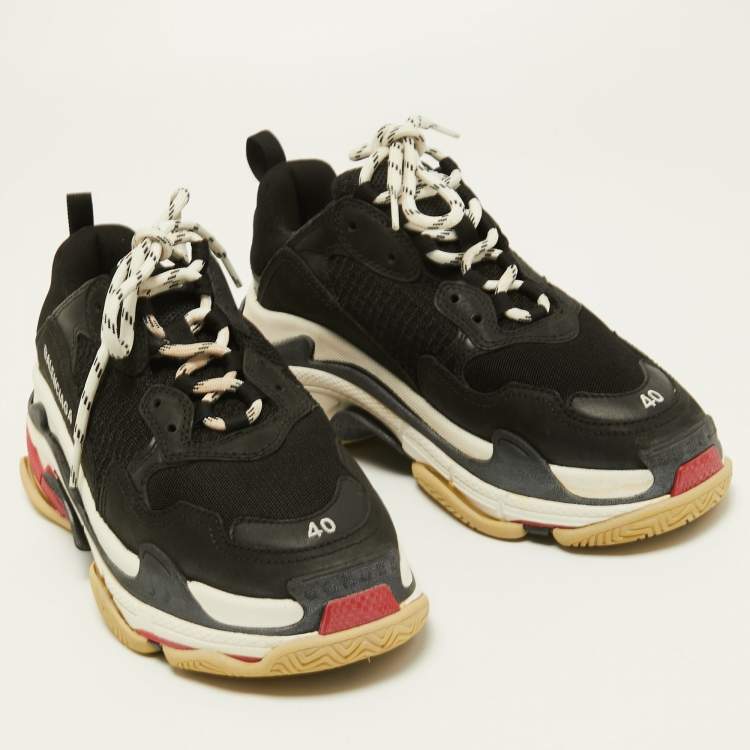 Pre Owned Balenciaga Black/Red Leather and Mesh Triple S Sneakers Size 40