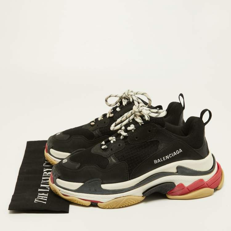 Pre Owned Balenciaga Black/Red Leather and Mesh Triple S Sneakers Size 40