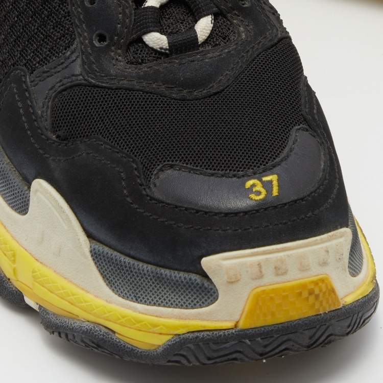 Pre Owned Balenciaga Black/Yellow Leather and Mesh Triple S Clear Sneakers Size 37