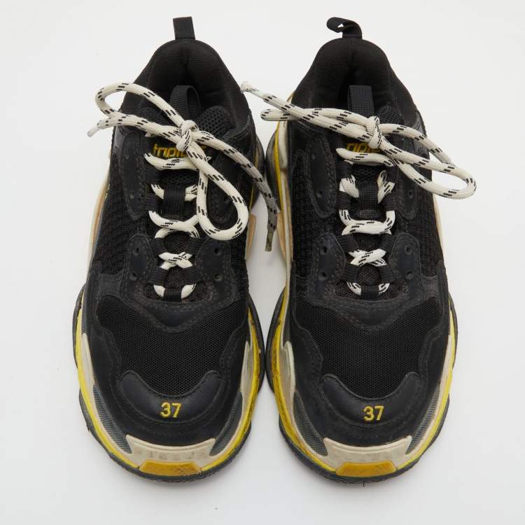 Pre Owned Balenciaga Black/Yellow Leather and Mesh Triple S Clear Sneakers Size 37
