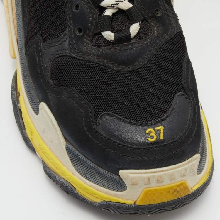 Pre Owned Balenciaga Black/Yellow Leather and Mesh Triple S Clear Sneakers Size 37