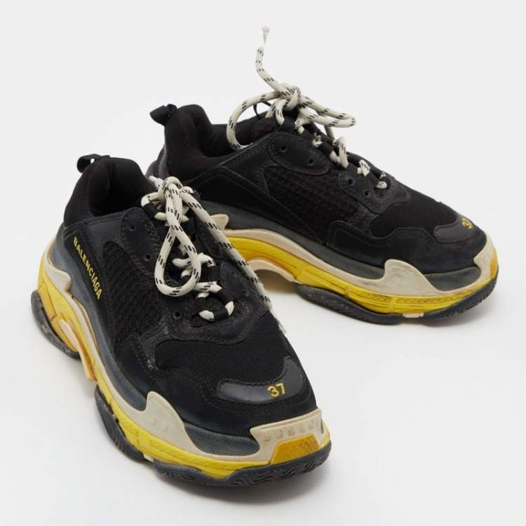 Pre Owned Balenciaga Black/Yellow Leather and Mesh Triple S Clear Sneakers Size 37
