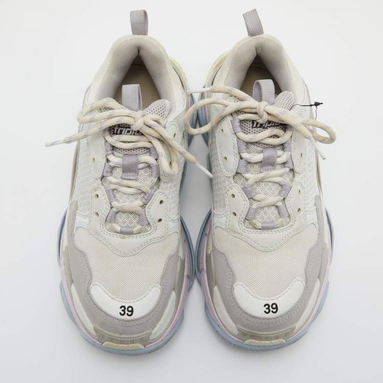 Pre Owned Balenciaga Off White/Grey Mesh and Nubuck Triple S Lace Up Sneakers Size 39