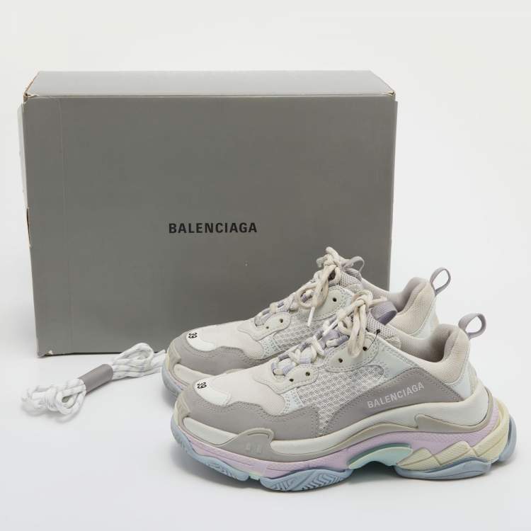 Pre Owned Balenciaga Off White/Grey Mesh and Nubuck Triple S Lace Up Sneakers Size 39