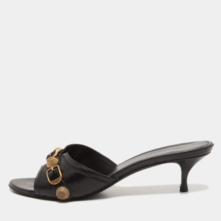 Pre Owned Balenciaga Black Leather Cagole Slide Sandals Size 40