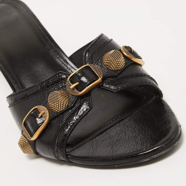 Pre Owned Balenciaga Black Leather Cagole Slide Sandals Size 40