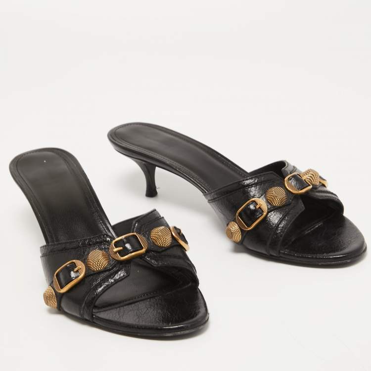 Pre Owned Balenciaga Black Leather Cagole Slide Sandals Size 40