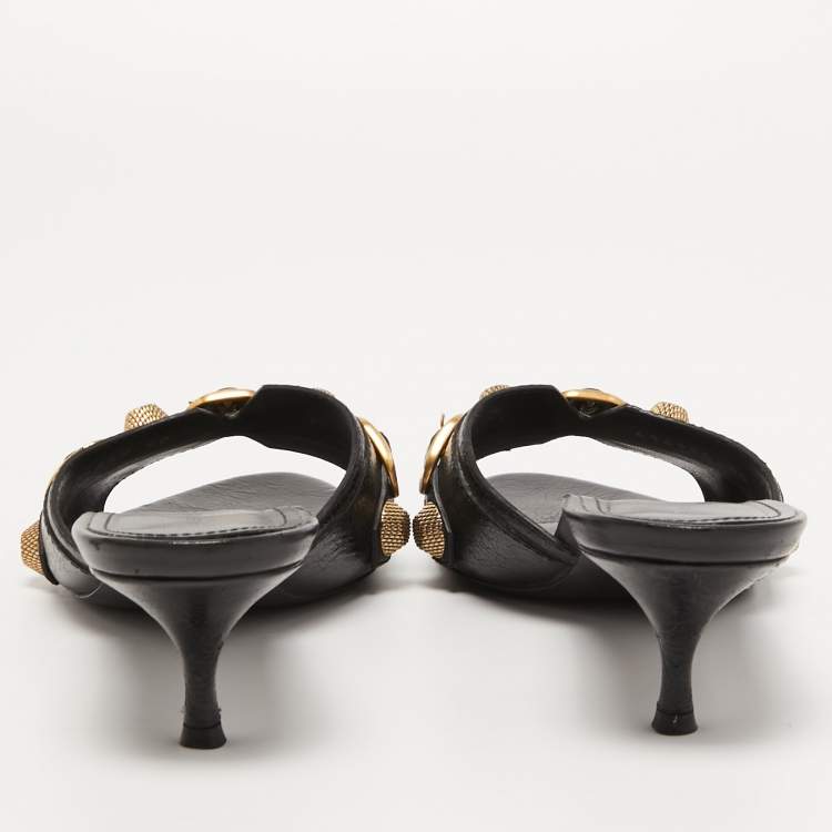 Pre Owned Balenciaga Black Leather Cagole Slide Sandals Size 40