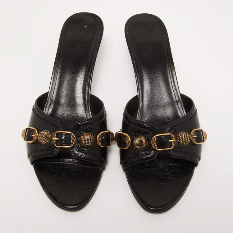 Pre Owned Balenciaga Black Leather Cagole Slide Sandals Size 40