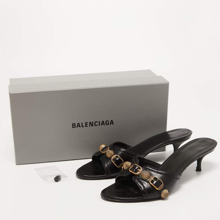 Pre Owned Balenciaga Black Leather Cagole Slide Sandals Size 40
