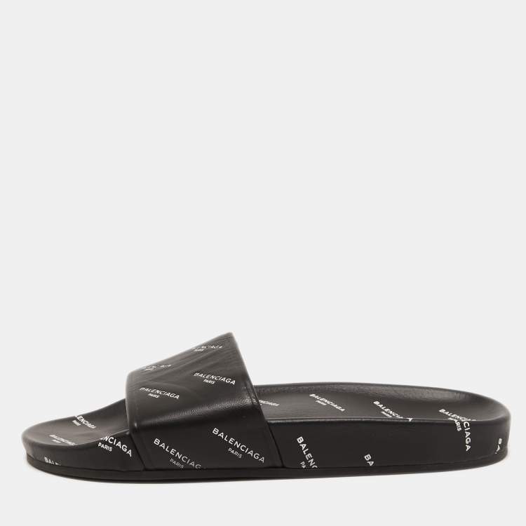 Pre Owned Balenciaga Black Logo Print Leather Flat Slides Size 38