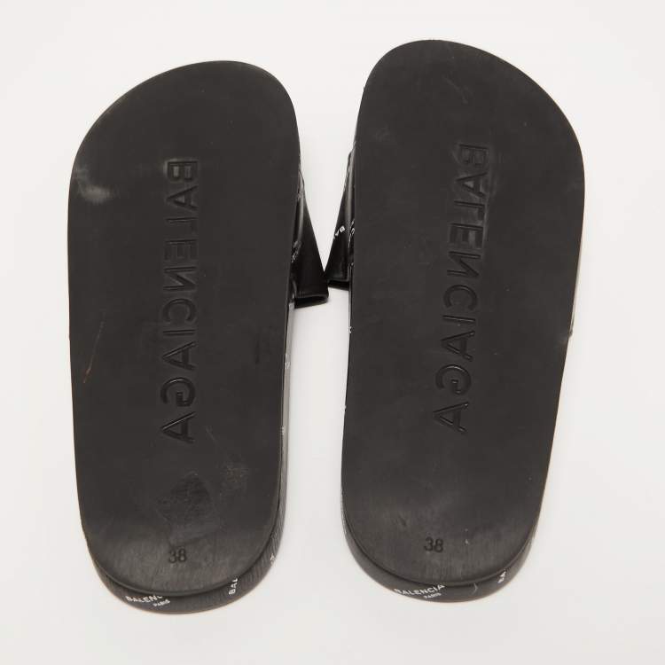 Pre Owned Balenciaga Black Logo Print Leather Flat Slides Size 38