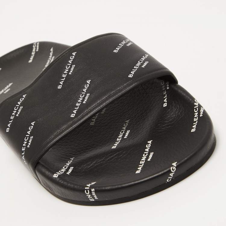 Pre Owned Balenciaga Black Logo Print Leather Flat Slides Size 38