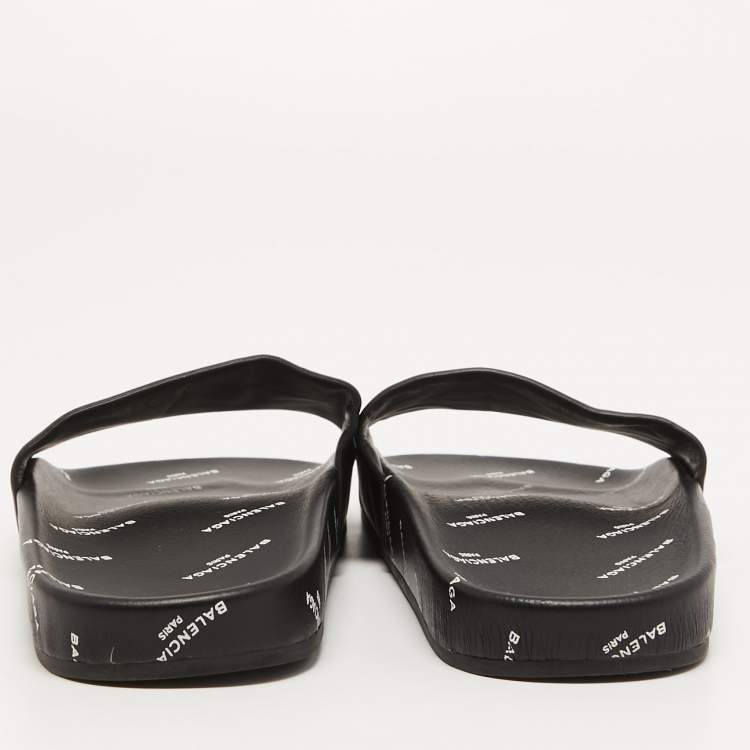 Pre Owned Balenciaga Black Logo Print Leather Flat Slides Size 38