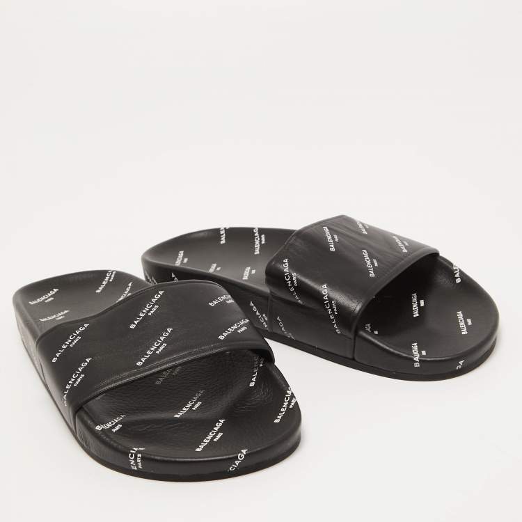 Pre Owned Balenciaga Black Logo Print Leather Flat Slides Size 38