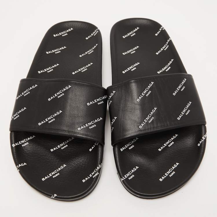 Pre Owned Balenciaga Black Logo Print Leather Flat Slides Size 38