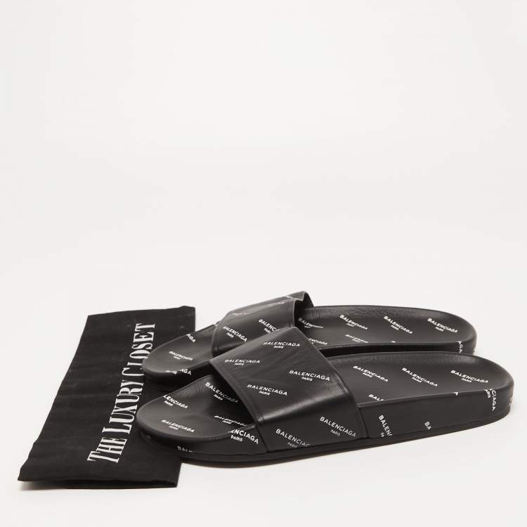 Pre Owned Balenciaga Black Logo Print Leather Flat Slides Size 38