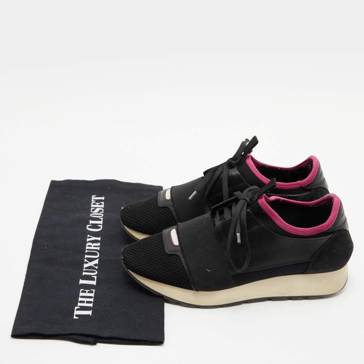 Pre Owned Balenciaga Black/Pink Leather And Mesh Race Runner Low Top Sneakers Size 37