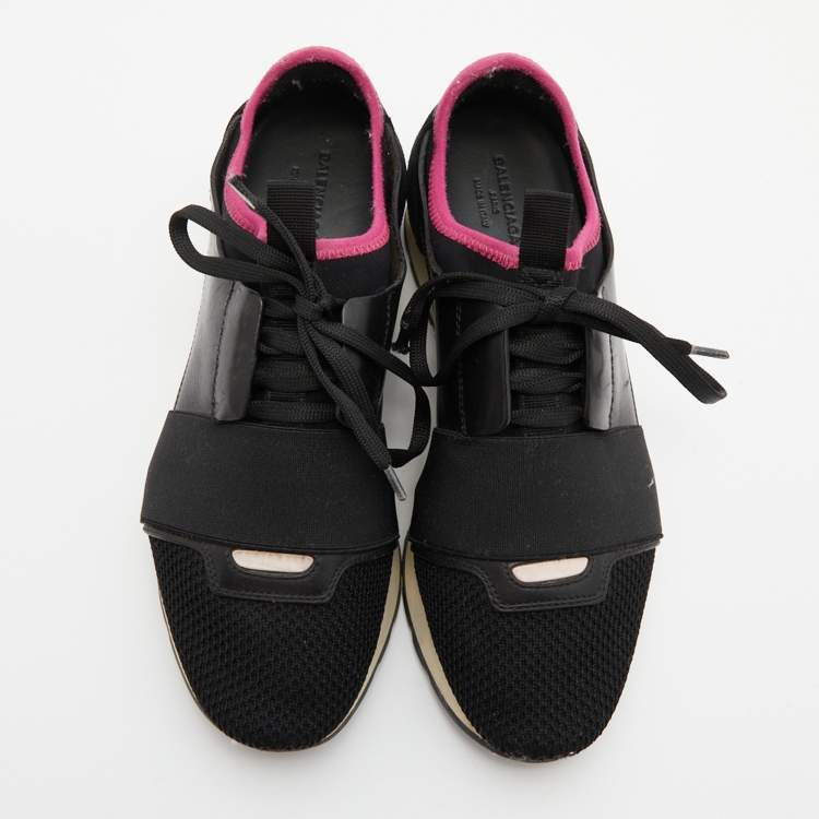 Pre Owned Balenciaga Black/Pink Leather And Mesh Race Runner Low Top Sneakers Size 37