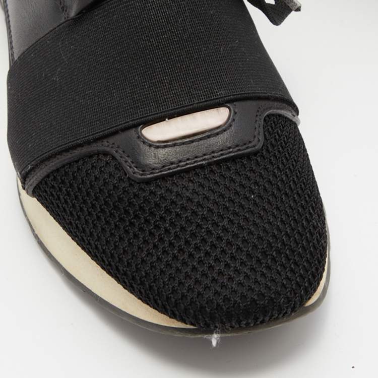 Pre Owned Balenciaga Black/Pink Leather And Mesh Race Runner Low Top Sneakers Size 37
