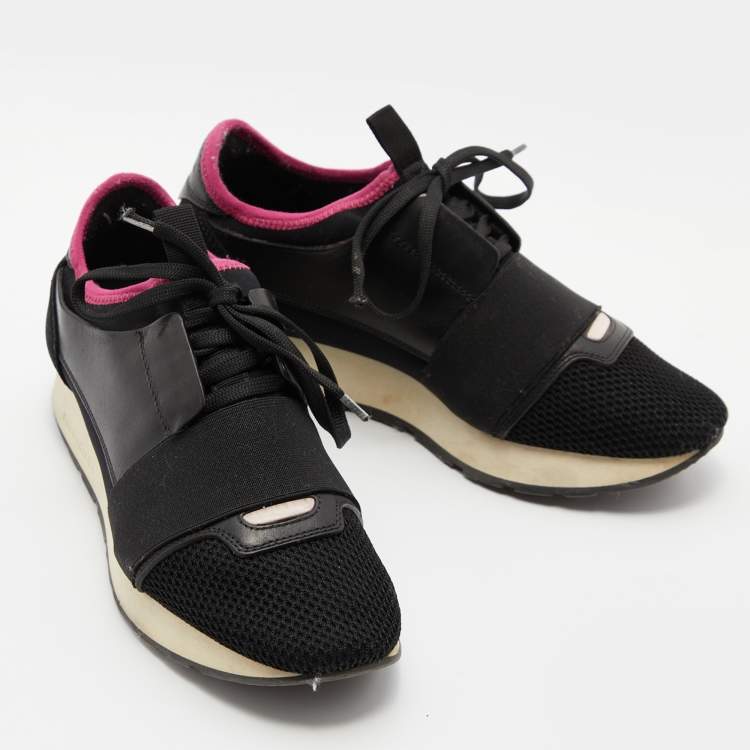 Pre Owned Balenciaga Black/Pink Leather And Mesh Race Runner Low Top Sneakers Size 37