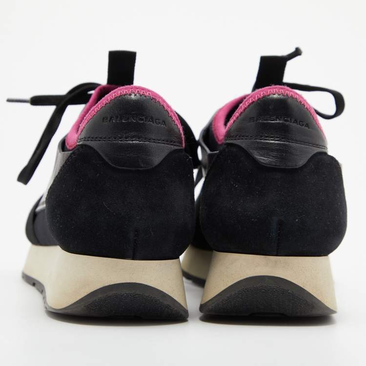 Pre Owned Balenciaga Black/Pink Leather And Mesh Race Runner Low Top Sneakers Size 37