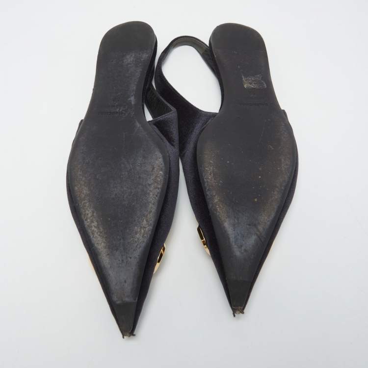 Pre Owned Balenciaga Black Velvet BB Pointed Toe Slingback Flats Size 38