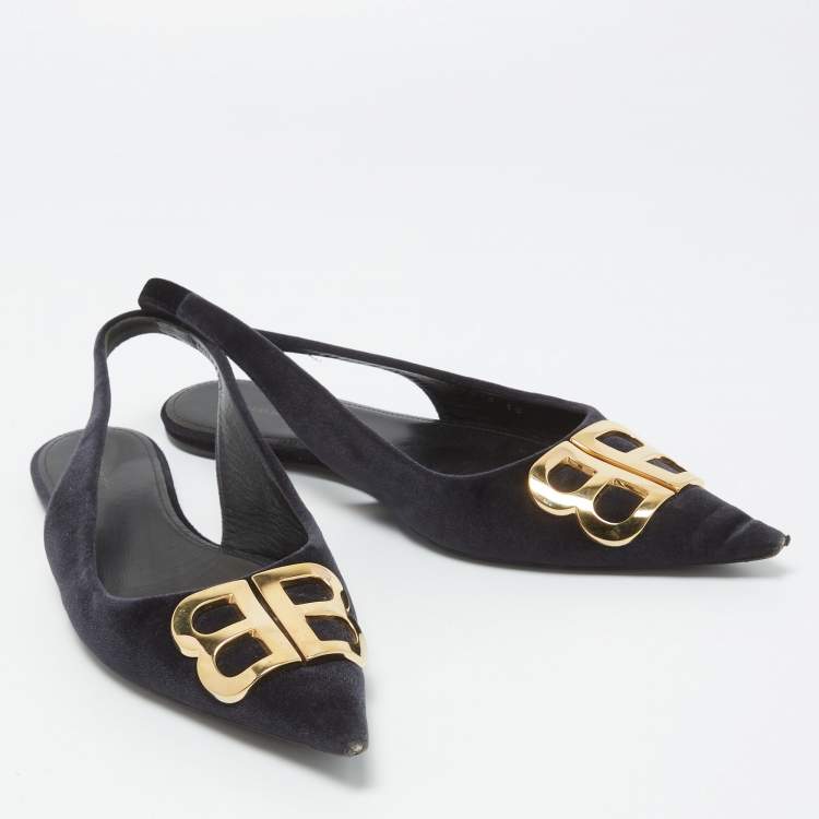 Pre Owned Balenciaga Black Velvet BB Pointed Toe Slingback Flats Size 38