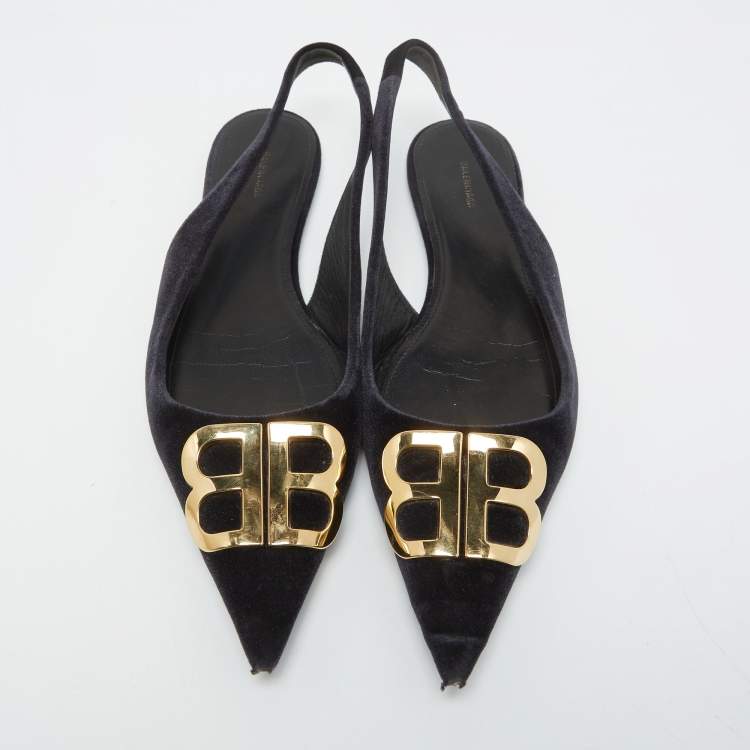 Pre Owned Balenciaga Black Velvet BB Pointed Toe Slingback Flats Size 38
