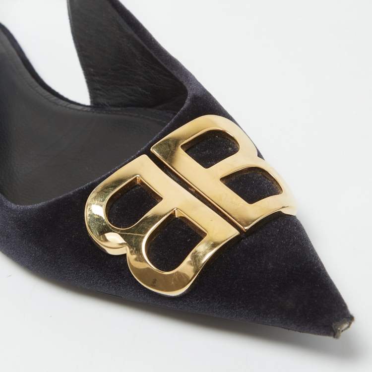 Pre Owned Balenciaga Black Velvet BB Pointed Toe Slingback Flats Size 38