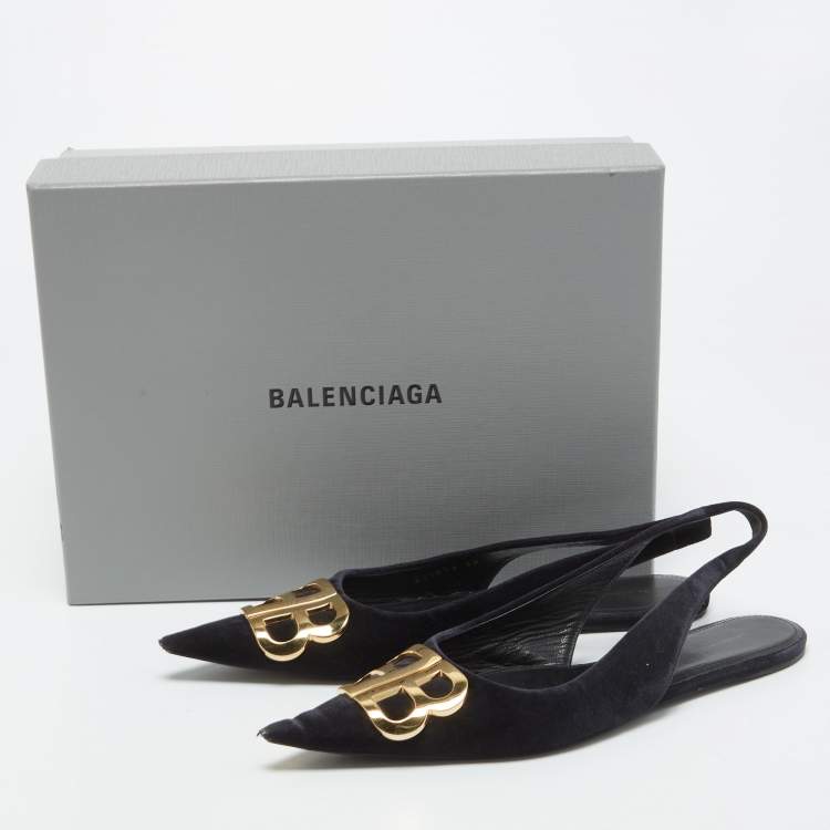 Pre Owned Balenciaga Black Velvet BB Pointed Toe Slingback Flats Size 38