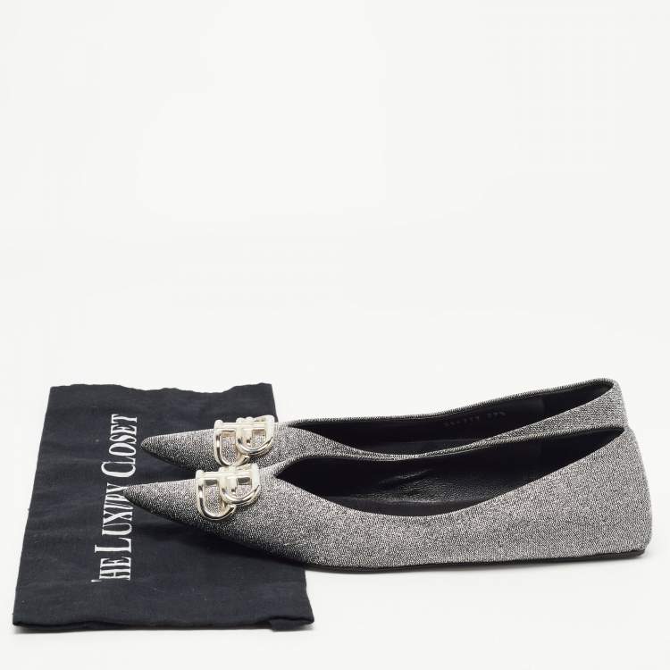 Pre Owned Balenciaga Silver Glitter Fabric BB Knife Flats Size 39.5