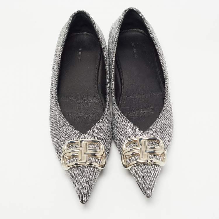 Pre Owned Balenciaga Silver Glitter Fabric BB Knife Flats Size 39.5