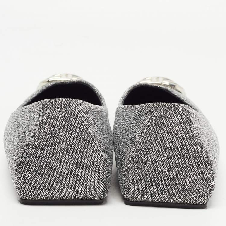 Pre Owned Balenciaga Silver Glitter Fabric BB Knife Flats Size 39.5