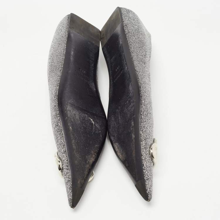 Pre Owned Balenciaga Silver Glitter Fabric BB Knife Flats Size 39.5